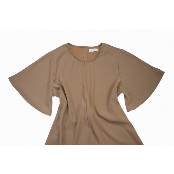 Oak + Fort Women's Belted Tunic Top XL Beige Short Sleeve Minimalist Split Front - Picture 4 of 6
